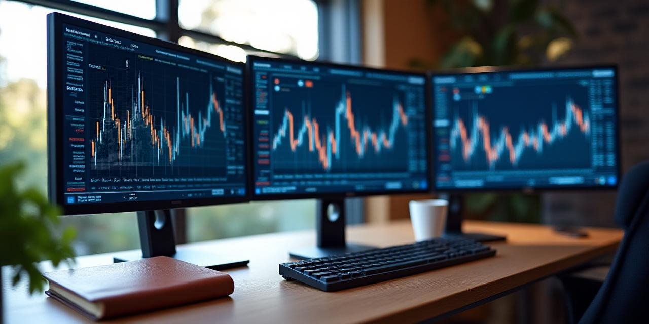 Analyst reviewing market data on multiple screens in a clean professional environment